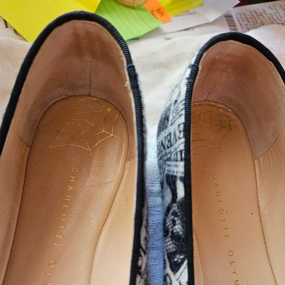 Charlotte Olympia "Heartbroken Gazette" newsprint calf hair velvet flats 38/7.5 - Picture 4 of 10